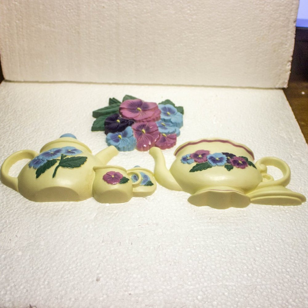 Vintage 1995 Burwood Teapots and Pansies Plaques Three Piece Set
